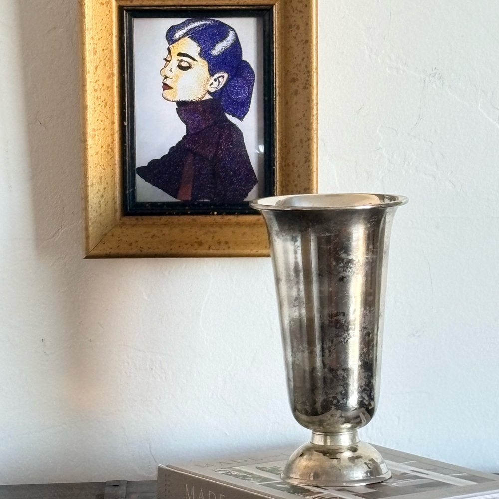 Vintage Footed Metal Vase - Silver Tone With Patina